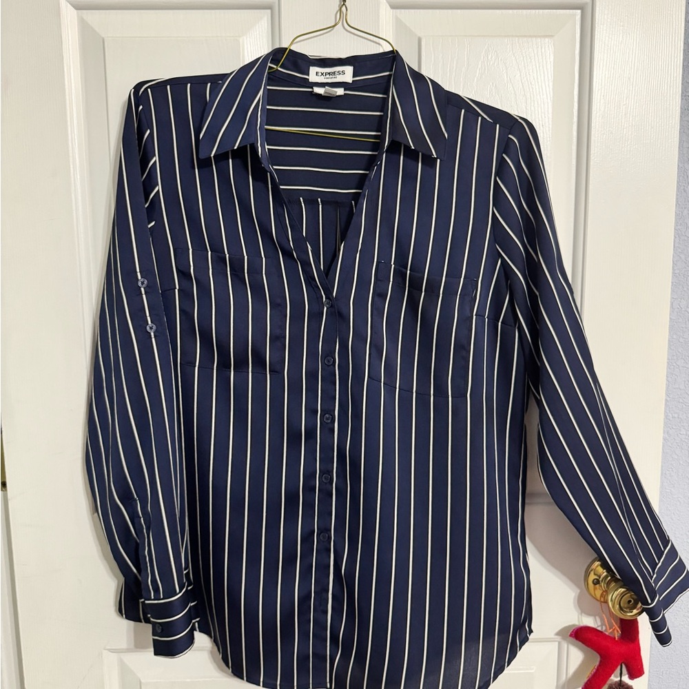Express Navy and White Striped Button-Down Shirt